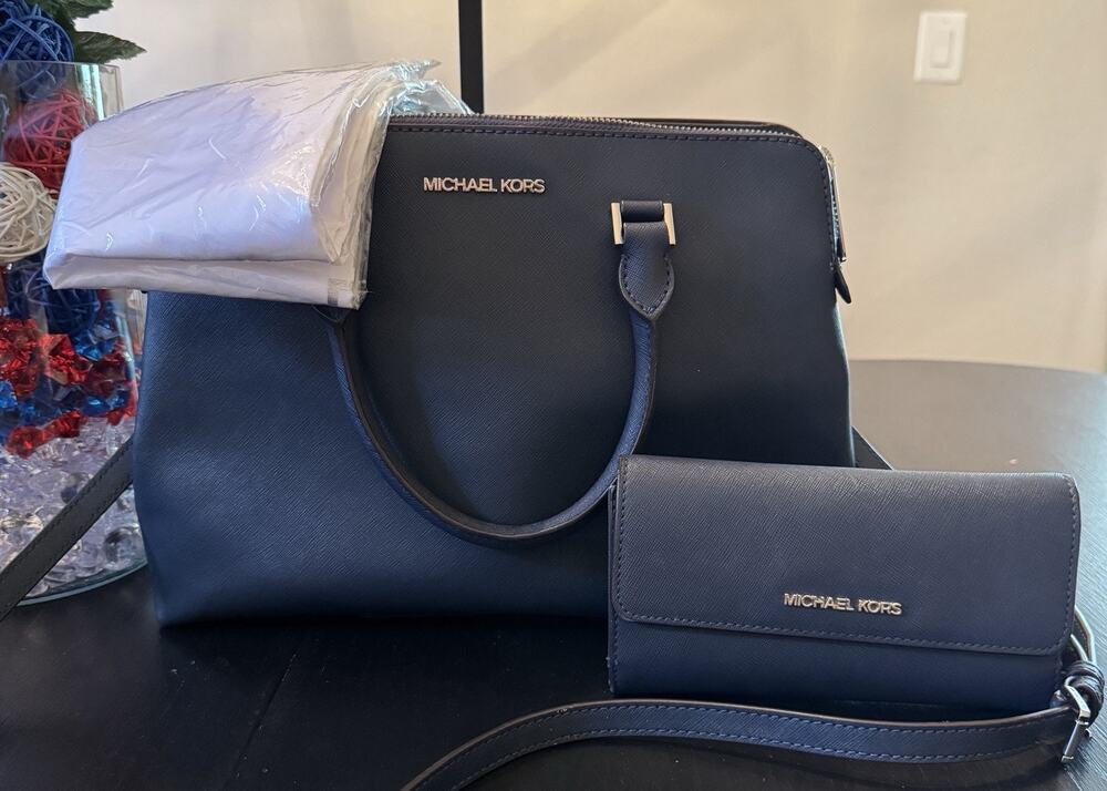 Michael Kors Navy Blue Satchel Handbag With Matching Wallet And Branded Dust Bag